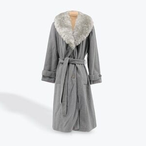 Vintage '60s/70s Sears Fashions Grey Wool Blend Maxi Coat with Fur Collar Belted